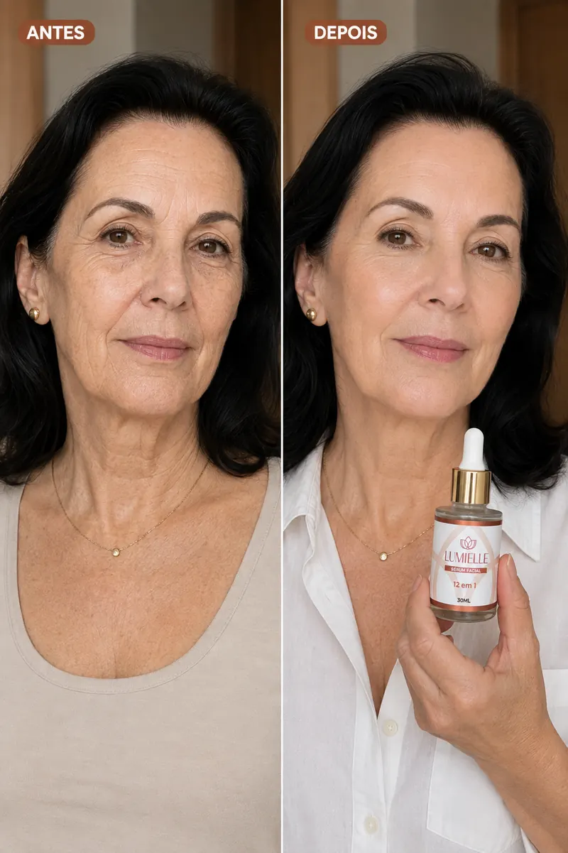 Comparação antes e depois de mulher segurando o Sérum Facial Lumielle 12 em 1