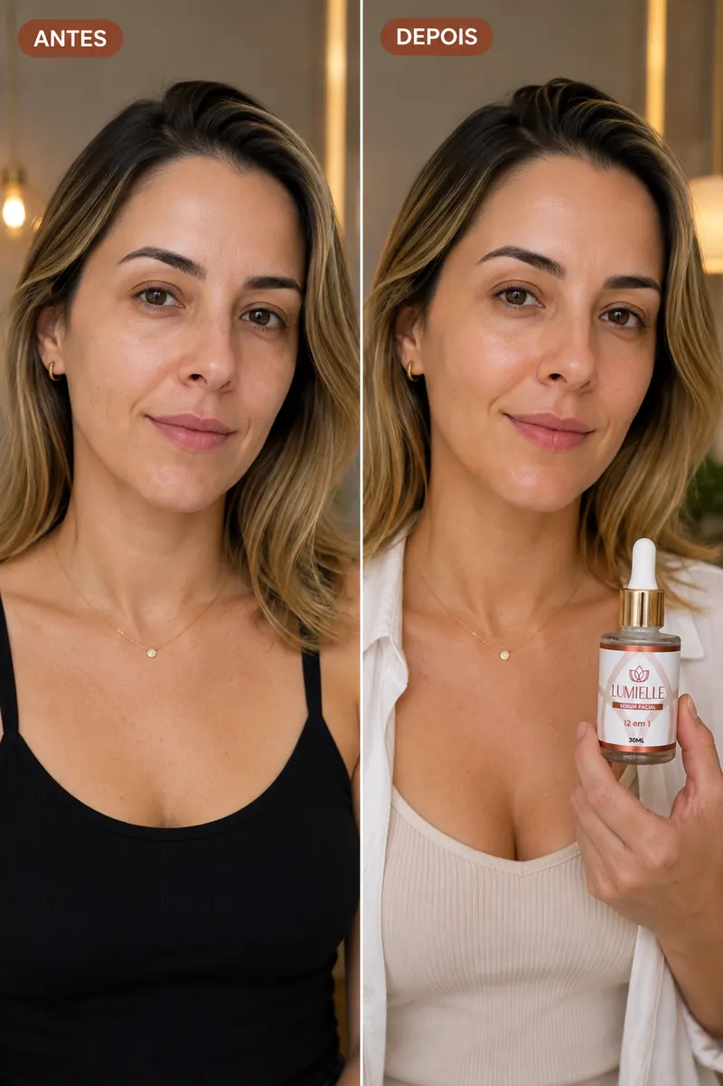 Comparação antes e depois de cliente usando o Sérum Facial Lumielle 12 em 1