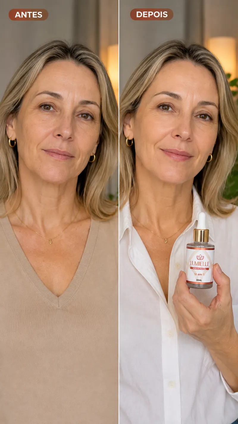 Comparação antes e depois de mulher loira com o Sérum Facial Lumielle na mão