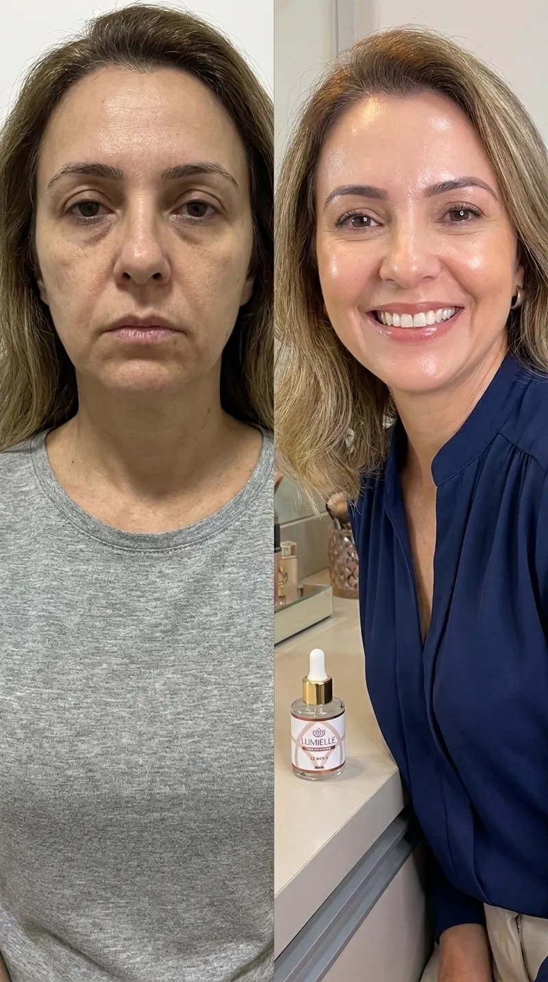 Comparação antes e depois de cliente com o frasco de Lumielle sobre a bancada