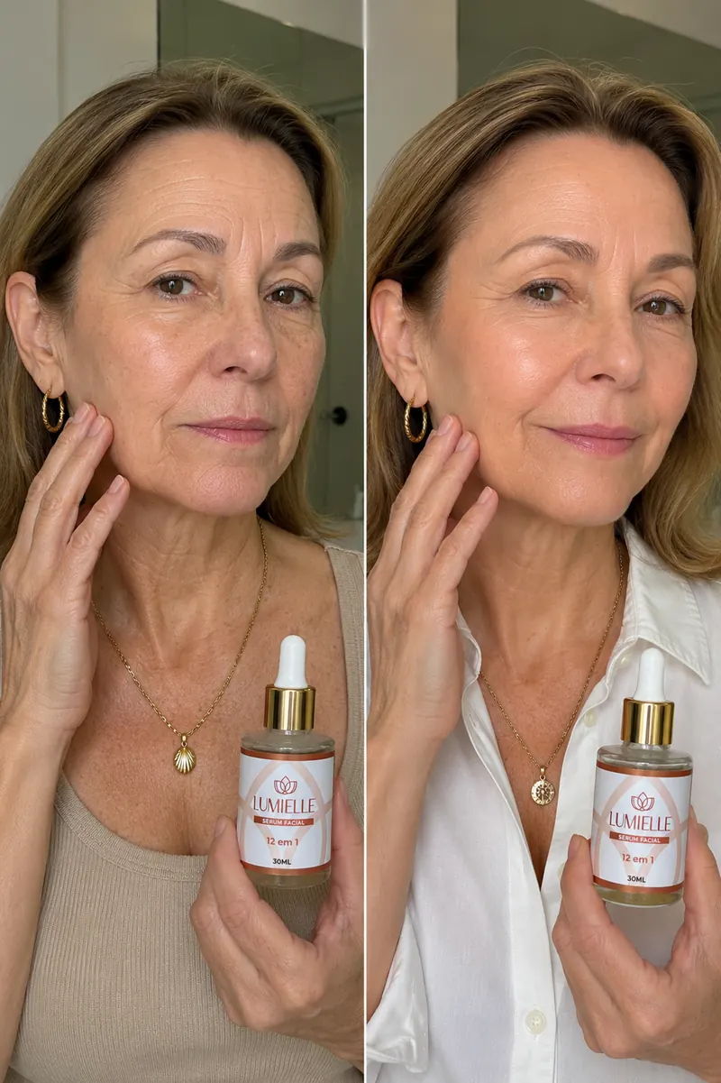 Comparação antes e depois de mulher com pele de aparência mais luminosa segurando Lumielle